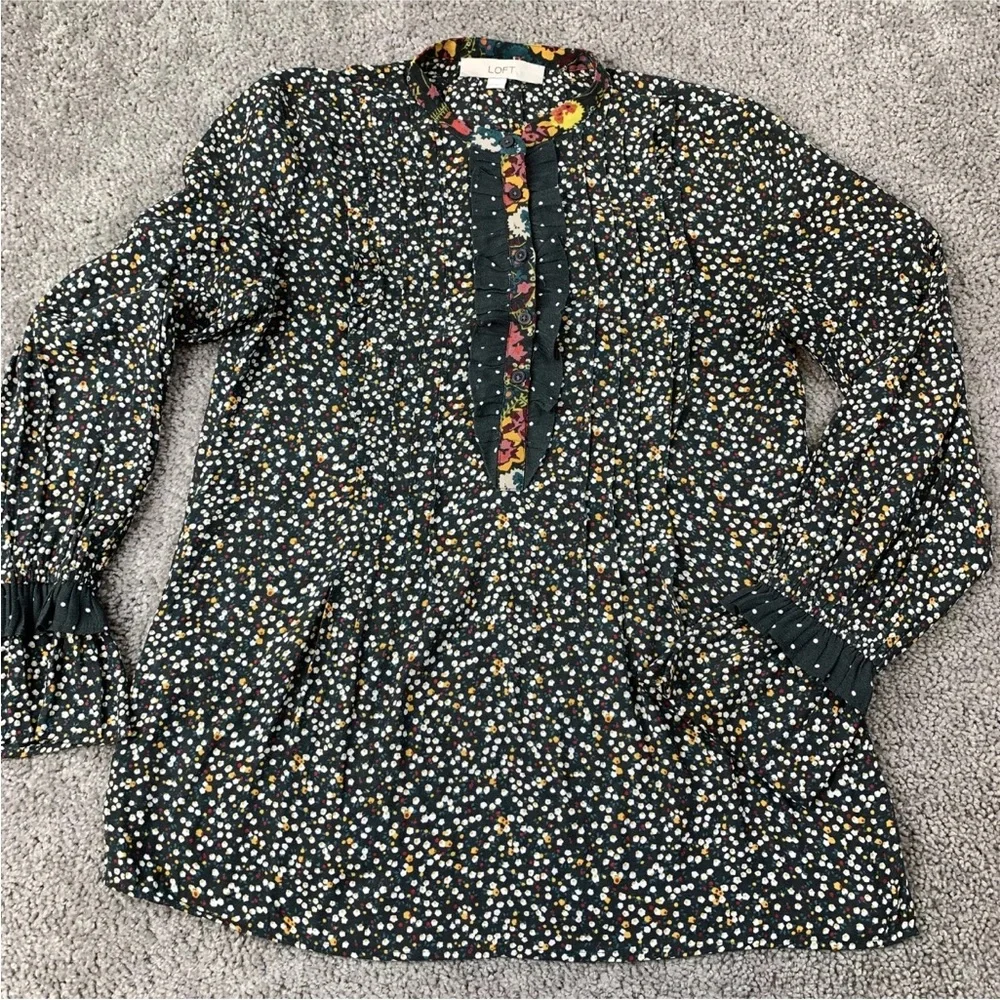 Ann Taylor LOFT Popover Black & Gray Buttoned Blouse w/ Mandarin Collar - Picture 1 of 3